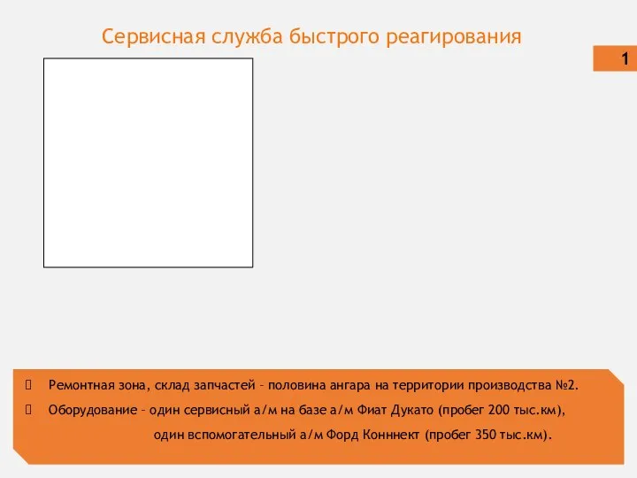 Сервисная служба быстрого реагирования 1 Ремонтная зона, склад запчастей – половина