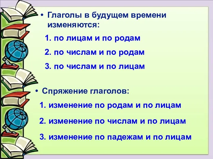 Спряжение глаголов: 1. изменение по родам и по лицам 2. изменение