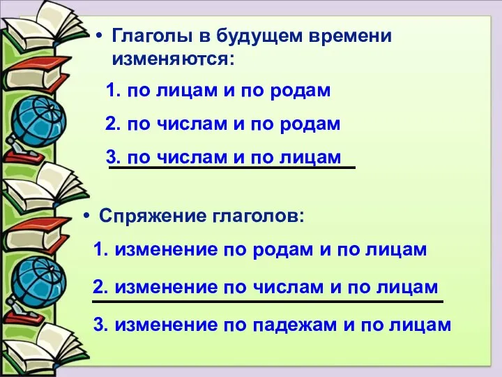 Спряжение глаголов: 1. изменение по родам и по лицам 2. изменение