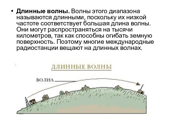 Длинные волны. Волны этого диапазона называются длинными, поскольку их низкой частоте