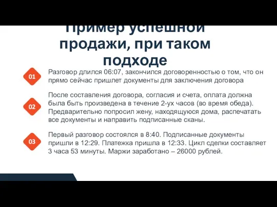 Пример успешной продажи, при таком подходе 01 02 03 Разговор длился