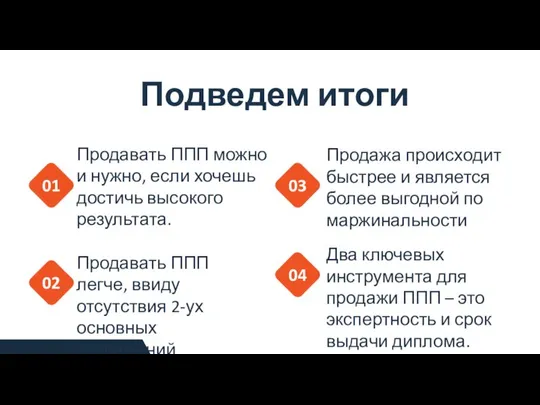 Подведем итоги Два ключевых инструмента для продажи ППП – это экспертность