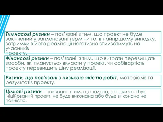 Тимчасові ризики – пов’язані з тим, що проект не буде закінчений