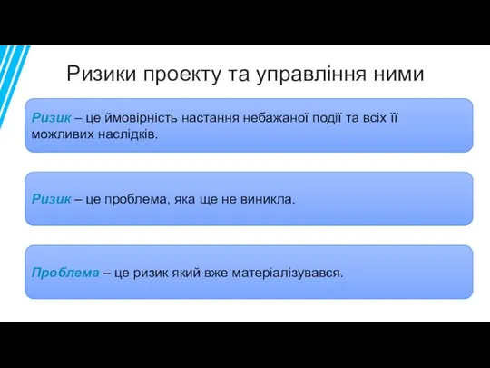 Ризики проекту та управління ними Ризик – це ймовірність настання небажаної