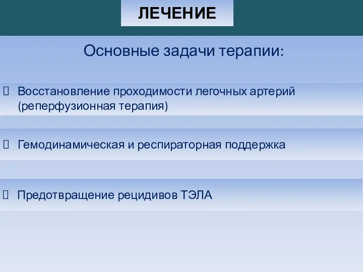 Основные задачи терапии: Восстановление проходимости легочных артерий (реперфузионная терапия) Гемодинамическая и