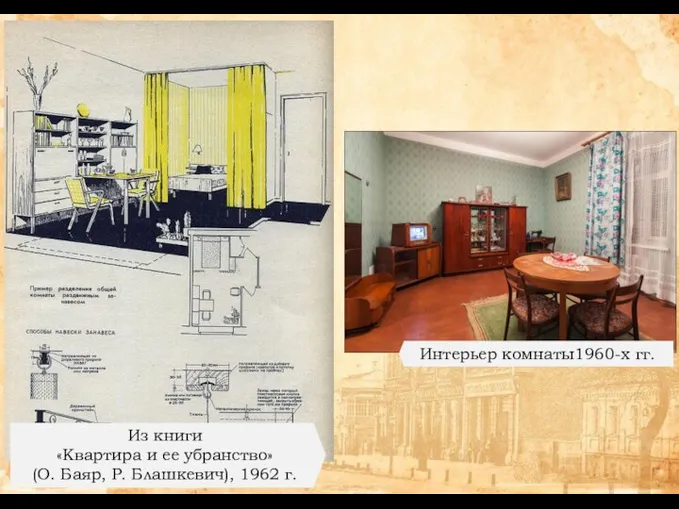 Из книги «Квартира и ее убранство» (О. Баяр, Р. Блашкевич), 1962 г. Интерьер комнаты1960-х гг.