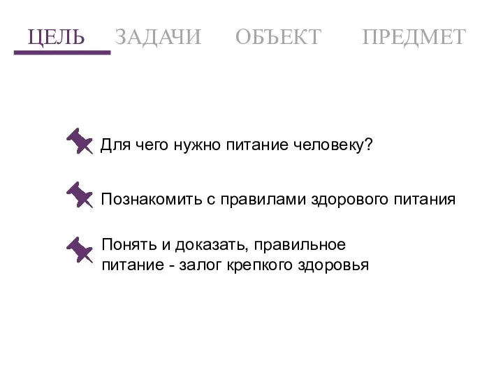 ЦЕЛЬ ЗАДАЧИ ОБЪЕКТ ПРЕДМЕТ Понять и доказать, правильное питание - залог