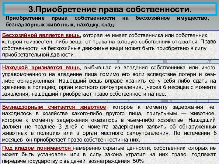 Приобретение права собственности на бесхозяйное имущество, безнадзорных животных, находку, клад: Бесхозяйной