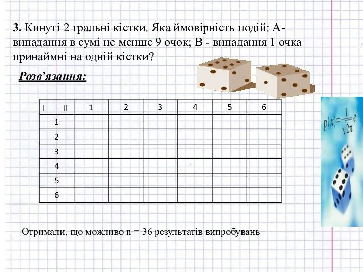 3. Кинуті 2 гральні кістки. Яка ймовірність подій: А-випадання в сумі