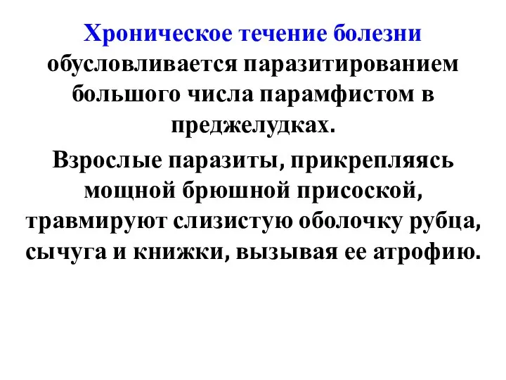 Хроническое течение болезни обусловливается паразитированием большого числа парамфистом в преджелудках. Взрослые