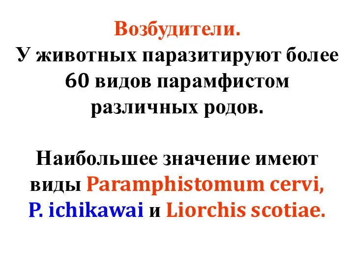 Возбудители. У животных паразитируют более 60 видов парамфистом различных родов. Наибольшее