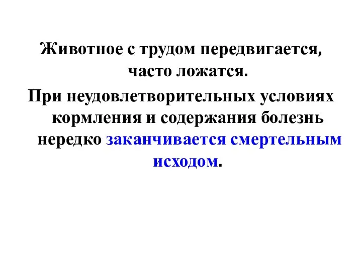 Животное с трудом передвигается, часто ложатся. При неудовлетворительных условиях кормления и