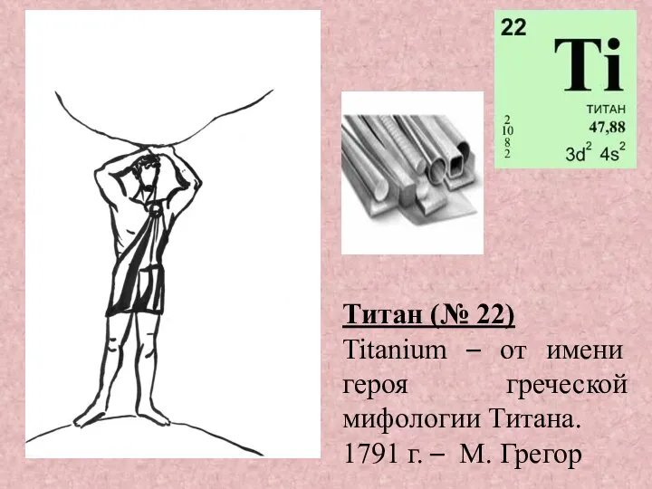 Титан (№ 22) Titanium – от имени героя греческой мифологии Титана. 1791 г. – М. Грегор