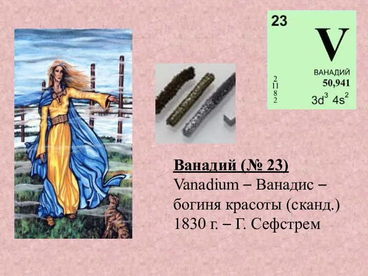 Ванадий (№ 23) Vanadium – Ванадис – богиня красоты (сканд.) 1830 г. – Г. Сефстрем