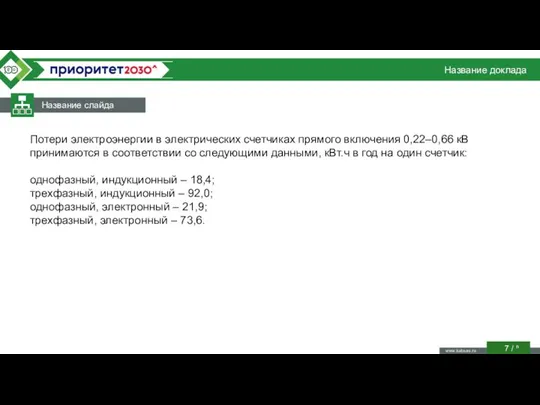 Название доклада Название слайда / n Потери электроэнергии в электрических счетчиках