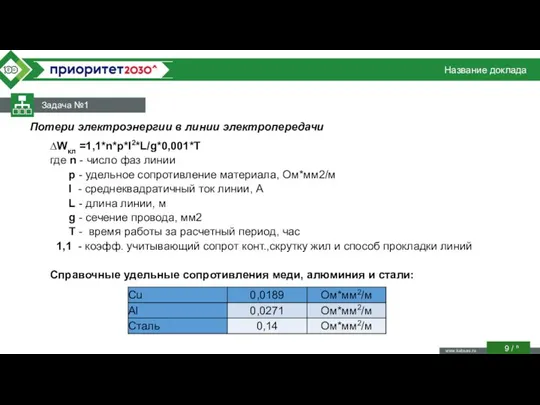 Название доклада Задача №1 / n Потери электроэнергии в линии электропередачи