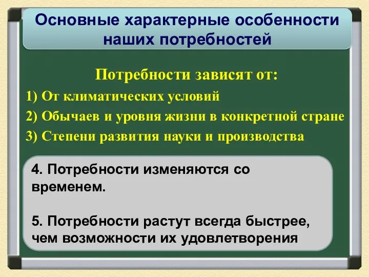 Потребности зависят от: 1) От климатических условий 2) Обычаев и уровня