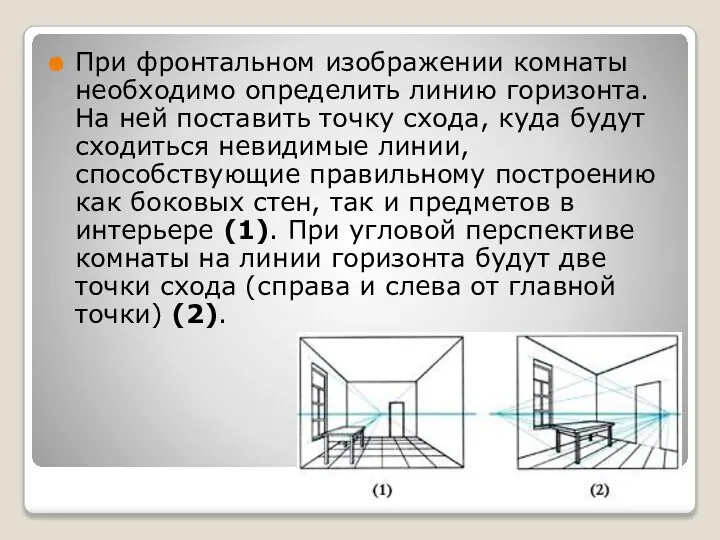 При фронтальном изображении комнаты необходимо определить линию горизонта. На ней поставить