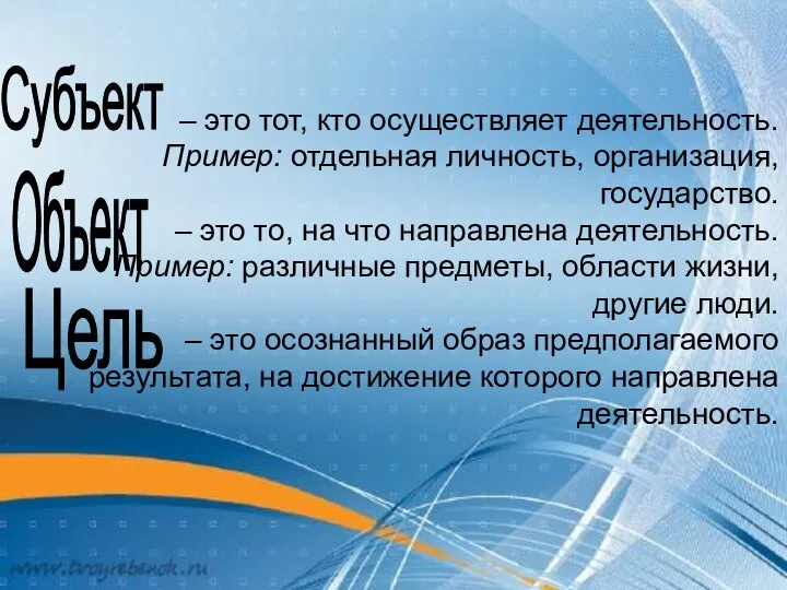 – это тот, кто осуществляет деятельность. Пример: отдельная личность, организация, государство.