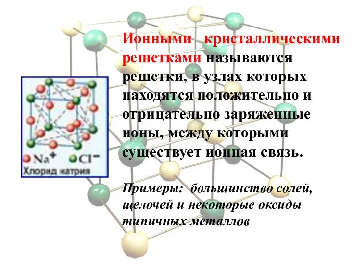 Ионными кристаллическими решетками называются решетки, в узлах которых находятся положительно и