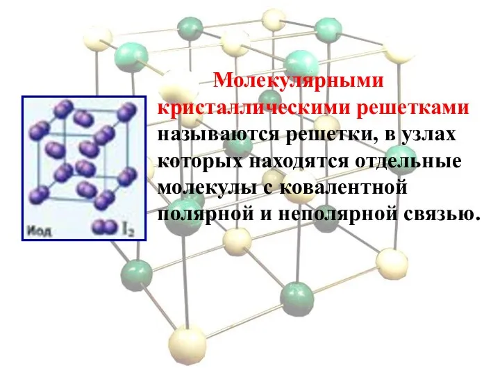 Молекулярными кристаллическими решетками называются решетки, в узлах которых находятся отдельные молекулы