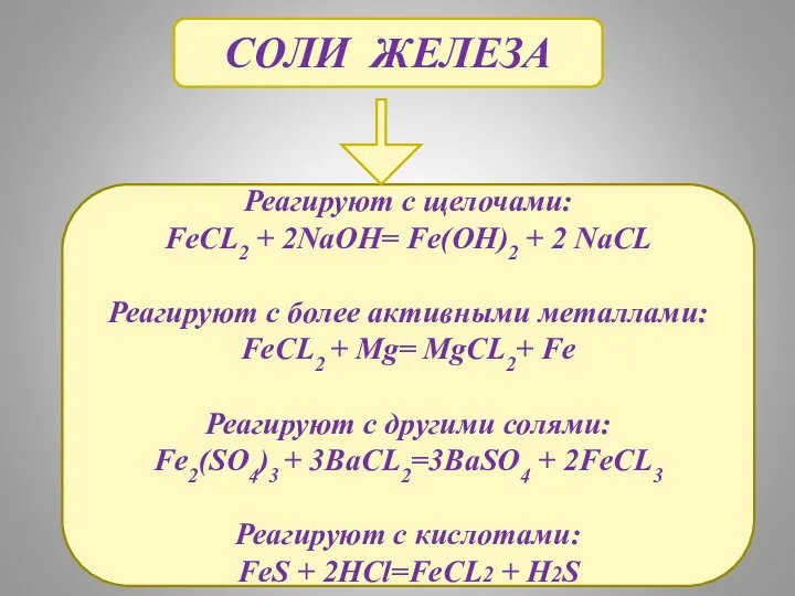 СОЛИ ЖЕЛЕЗА Реагируют с щелочами: FeCL2 + 2NaOH= Fe(OH)2 + 2