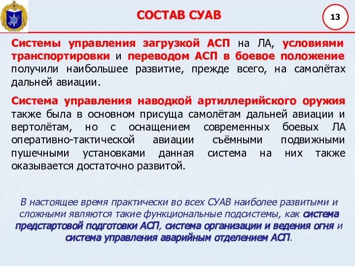 СОСТАВ СУАВ 13 В настоящее время практически во всех СУАВ наиболее