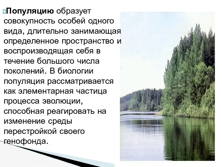 Популяцию образует совокупность особей одного вида, длительно занимающая определенное пространство и