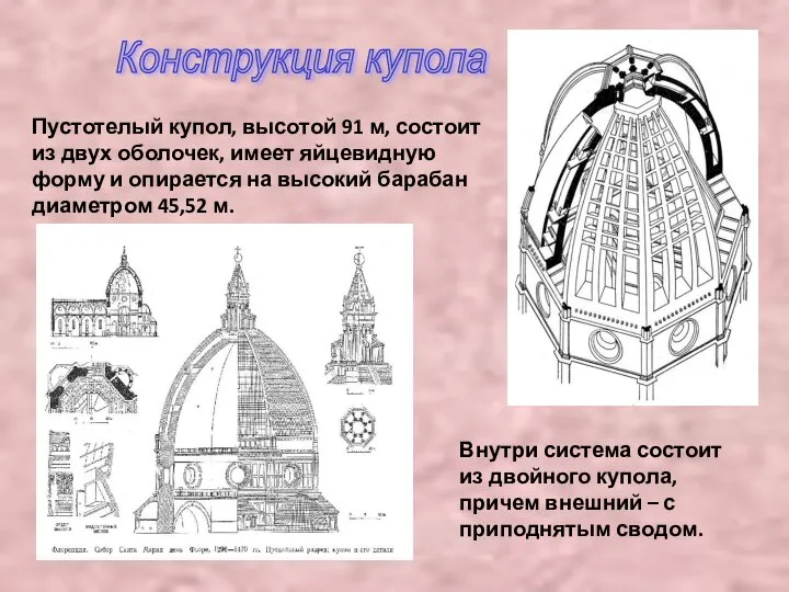 Пустотелый купол, высотой 91 м, состоит из двух оболочек, имеет яйцевидную