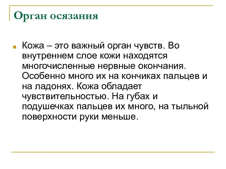 Орган осязания Кожа – это важный орган чувств. Во внутреннем слое