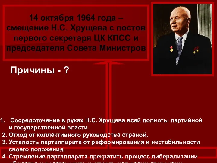 14 октября 1964 года – смещение Н.С. Хрущева с постов первого