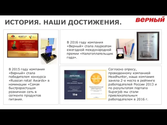 ИСТОРИЯ. НАШИ ДОСТИЖЕНИЯ. В 2015 году компания «Верный» стала победителем конкурса