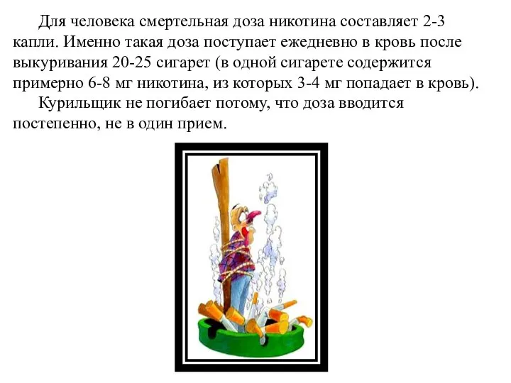 Для человека смертельная доза никотина составляет 2-3 капли. Именно такая доза