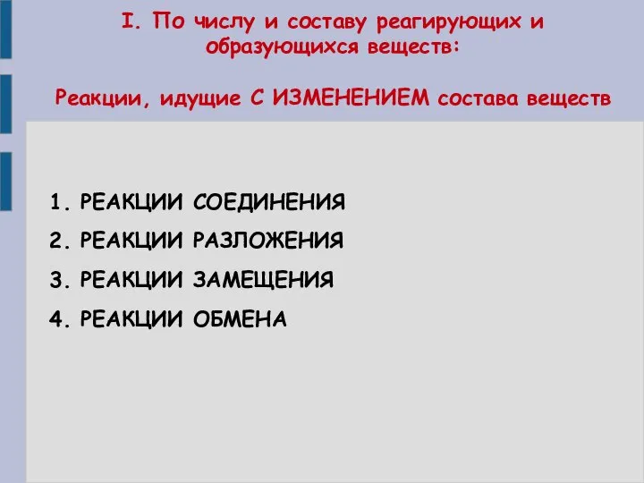 I. По числу и составу реагирующих и образующихся веществ: Реакции, идущие