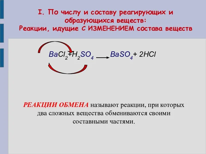 I. По числу и составу реагирующих и образующихся веществ: Реакции, идущие