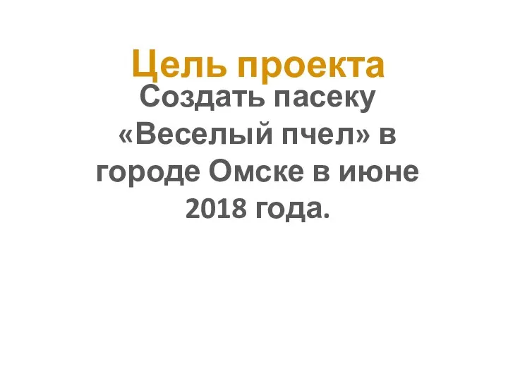 Цель проекта Создать пасеку «Веселый пчел» в городе Омске в июне 2018 года.