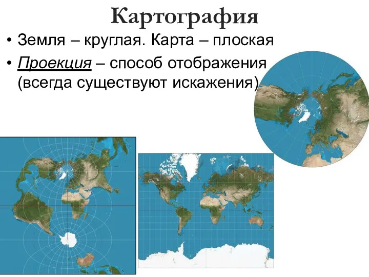 Земля – круглая. Карта – плоская Проекция – способ отображения (всегда существуют искажения) Картография