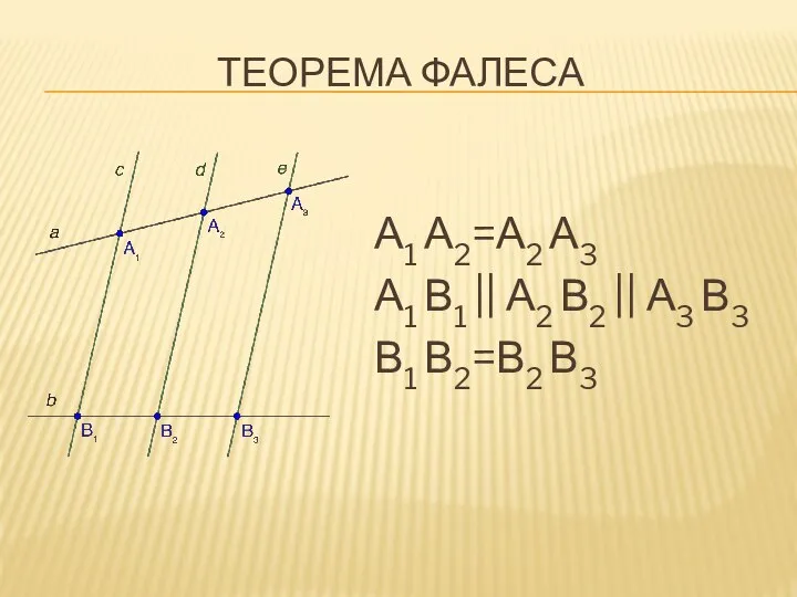 ТЕОРЕМА ФАЛЕСА А1 А2=А2 А3 А1 В1 || А2 В2 || А3 В3 В1 В2=В2 В3