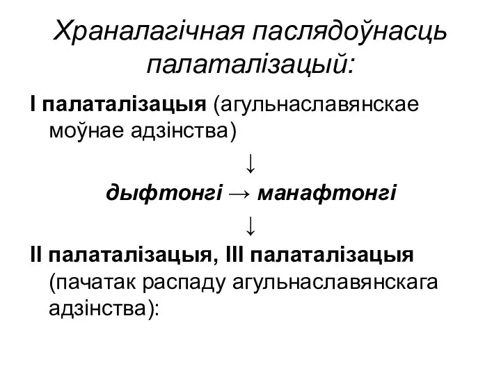 Храналагічная паслядоўнасць палаталізацый: І палаталізацыя (агульнаславянскае моўнае адзінства) ↓ дыфтонгі →