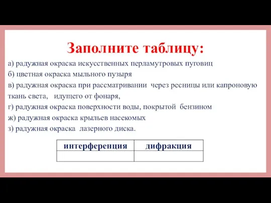 Заполните таблицу: а) радужная окраска искусственных перламутровых пуговиц б) цветная окраска