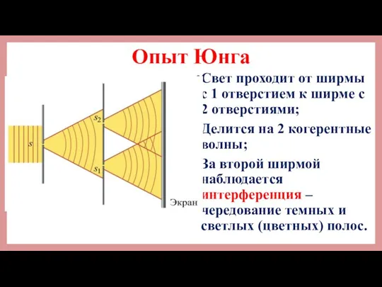 Опыт Юнга Свет проходит от ширмы с 1 отверстием к ширме