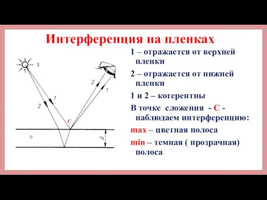 Интерференция на пленках 1 – отражается от верхней пленки 2 –