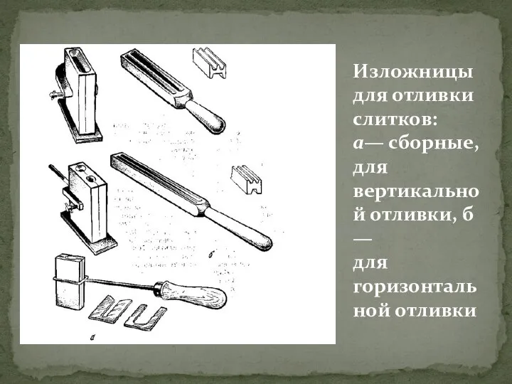 Изложницы для отливки слитков: а— сборные, для вертикальной отливки, б — для горизонтальной отливки