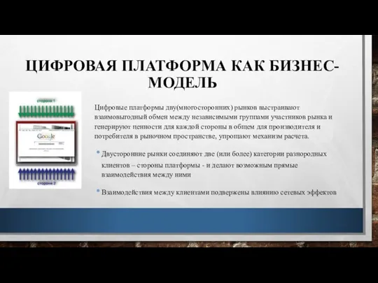 ЦИФРОВАЯ ПЛАТФОРМА КАК БИЗНЕС-МОДЕЛЬ Цифровые платформы дву(многосторонних) рынков выстраивают взаимовыгодный обмен