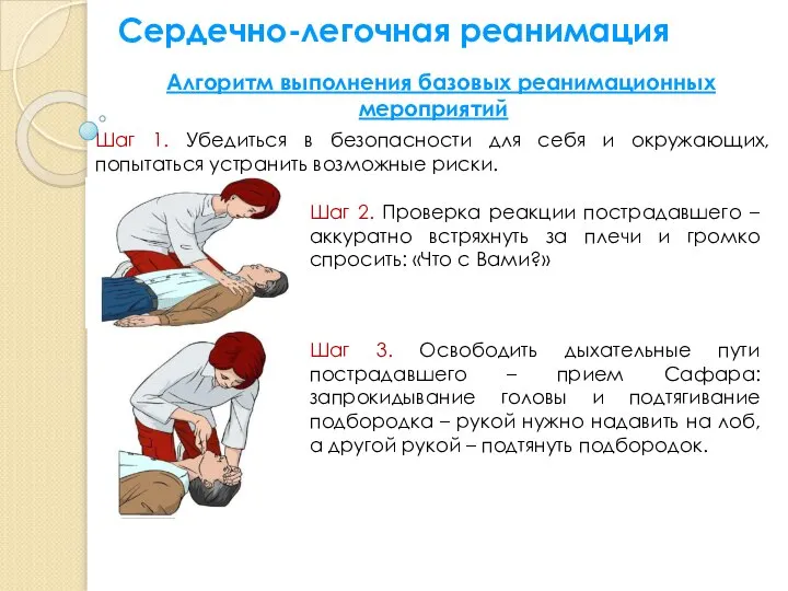 Сердечно-легочная реанимация Алгоритм выполнения базовых реанимационных мероприятий Шаг 1. Убедиться в