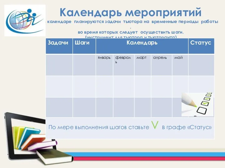 Область для вставки текста Календарь мероприятий В календаре планируются задачи тьютора