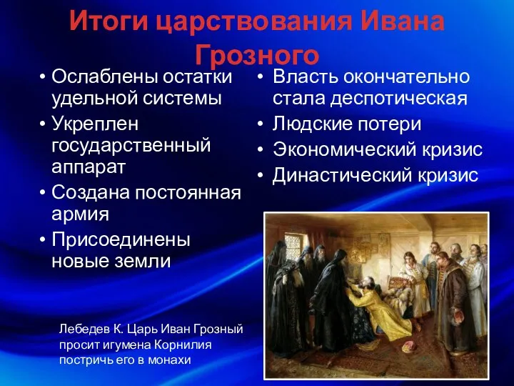 Итоги царствования Ивана Грозного Ослаблены остатки удельной системы Укреплен государственный аппарат