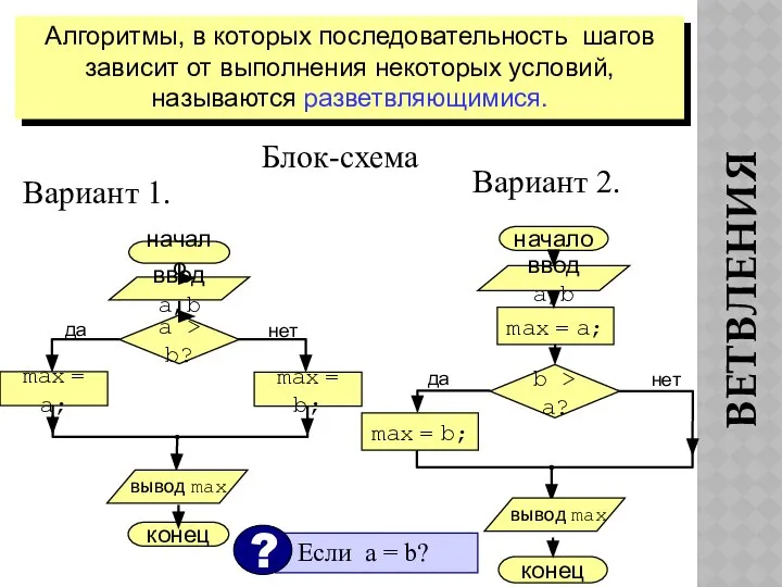 ВЕТВЛЕНИЯ Алгоритмы, в которых последовательность шагов зависит от выполнения некоторых условий,