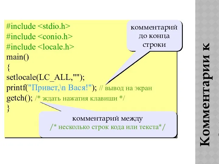 Комментарии к коду #include #include #include main() { setlocale(LC_ALL,""); printf("Привет,\n Вася!");