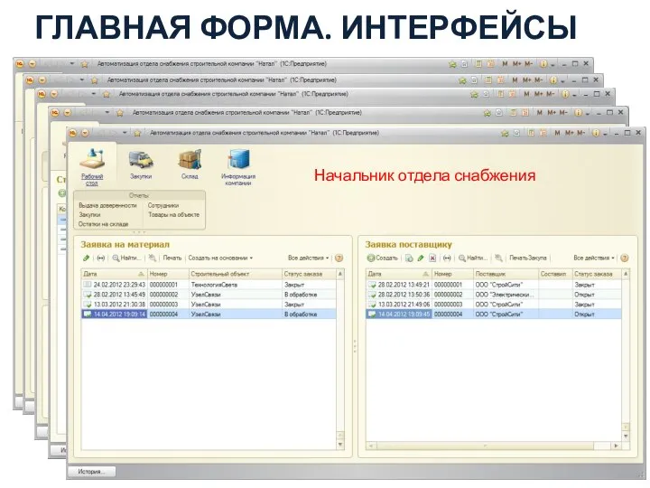 ГЛАВНАЯ ФОРМА. ИНТЕРФЕЙСЫ Начальник строительного объекта Специалист отдела снабжения Кладовщик Главный инженер Начальник отдела снабжения